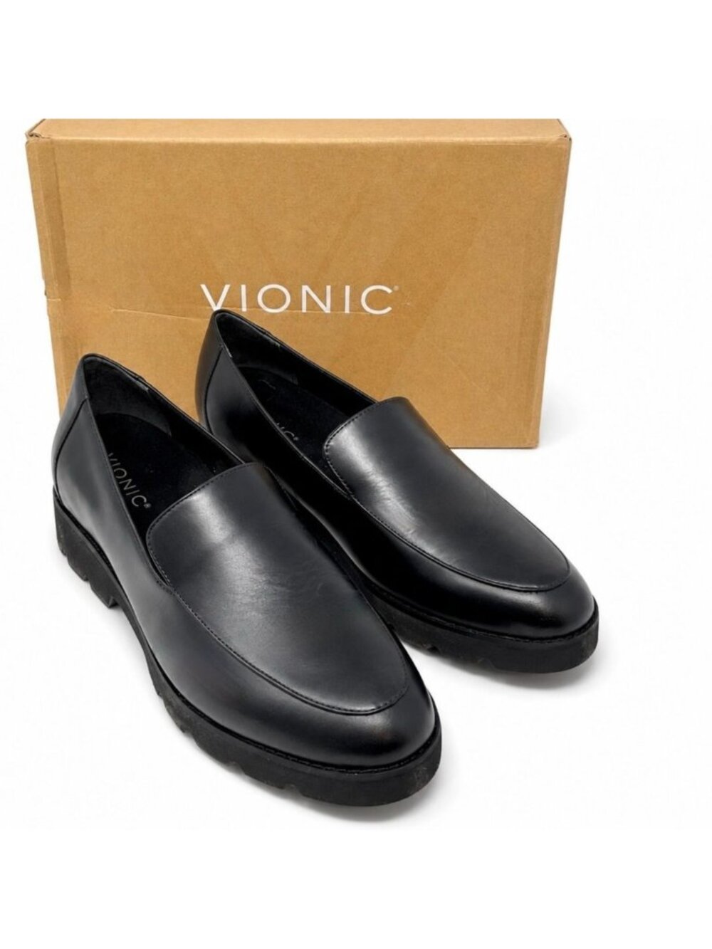 Vionic Kensley Supportive Black Leather Loafers Womens 8.5 WIDE Comfort Lug Sole